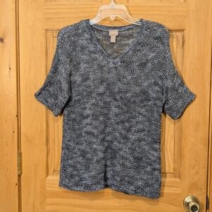 CHICO’S Open Knit Short Sleeve Sweater Blue Gray Sz 1 Medium V-Neck Cozy Fall